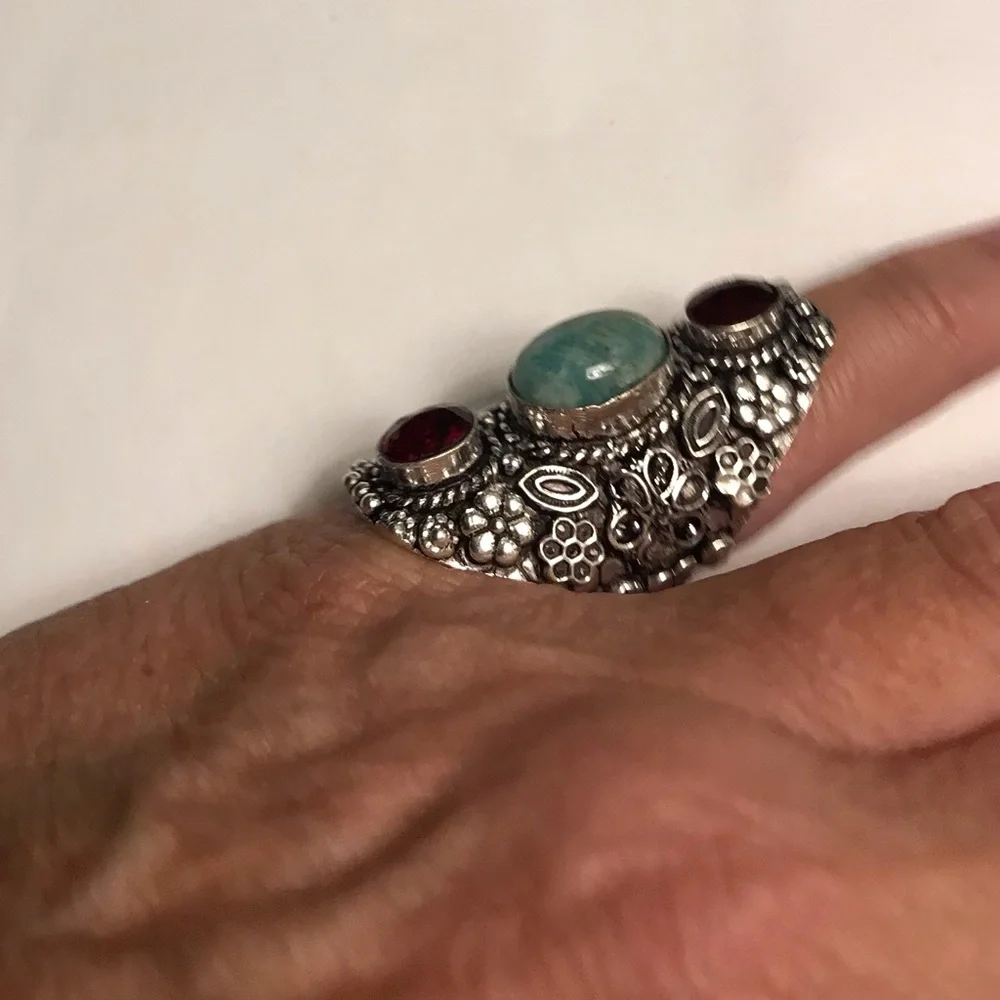 Amazonite Garnet Stamped 925 Sterling Silver Ring